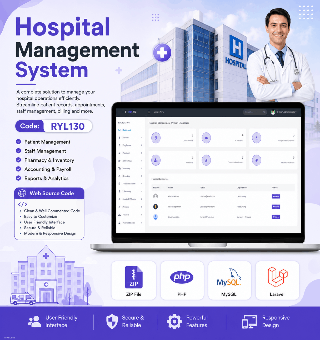 RYL130 Hospital Management System Source Code. Simple Hospital Management, Staff Management, Doctor Listing Staff payroll System